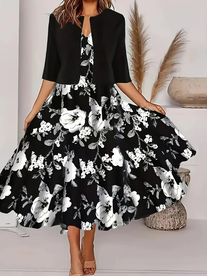 Valenzora | New for summer! EU US Autumn Women's 2 Long Dress Set Floral and Grass Dot Crew Neck Dress with Chiffon Short Jacket