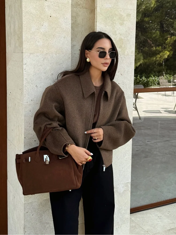Valenzora | Braune Damen-Wolljacke mit elegantem Kragen