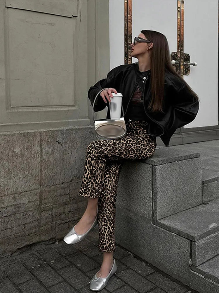 Valenzora Leopard Print Jeans | Stylish slim streetwear women's pencil-style trousers
