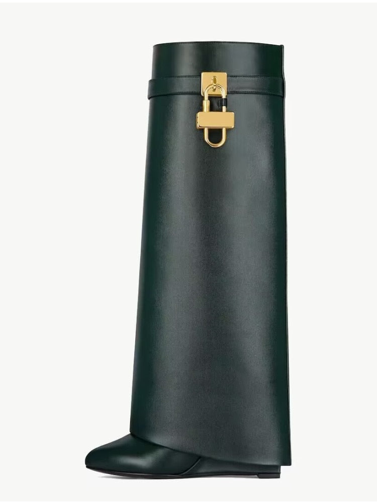 Valenzora | Women's Knee-High Boots Shark Lock Long Thick Soles High Heels Boots Designer Luxury Brand Women's Leather Boots