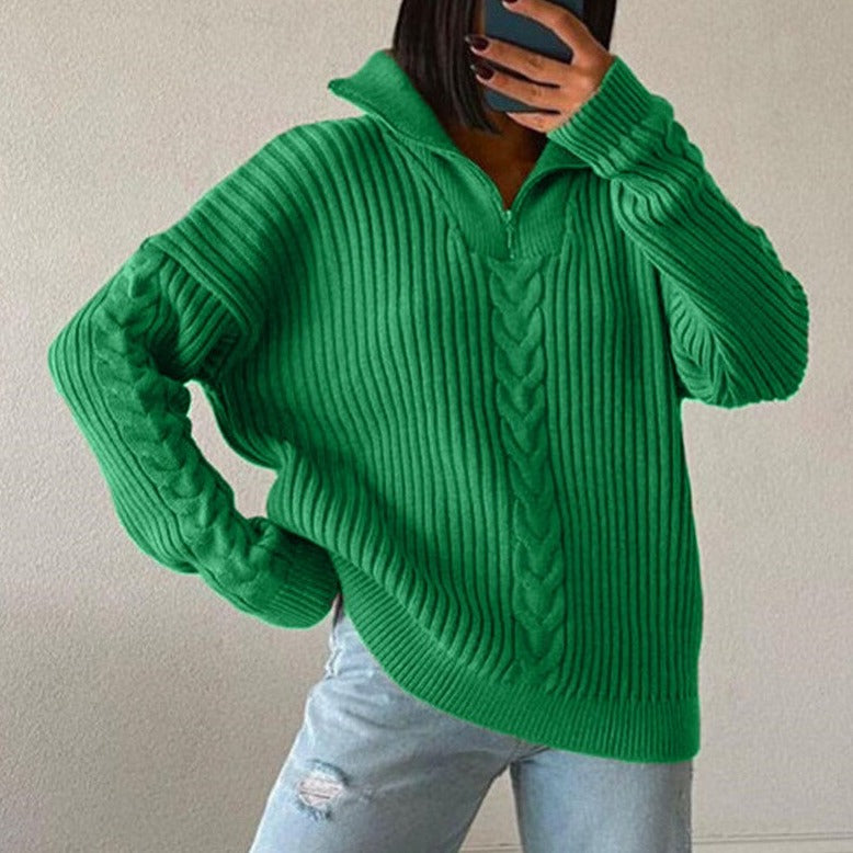 Valenzora V-Sweater | Bequemer Zopfstrickpullover mit V-Ausschnitt, Rollkragen und Reißverschluss