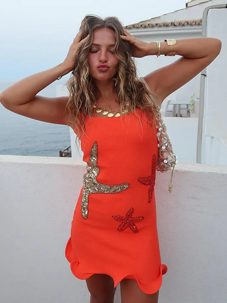 Valenzora | Chic Shiny Starfish Print Ruffled Hem Mini Dress Fashion Bodycon Sleeveless Backless Short Vestidos Summer Feminine Beach Dresses