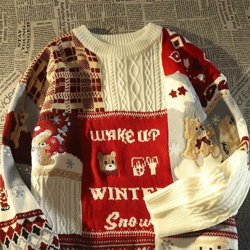 Valenzora – Hässlicher Weihnachtspullover – Lockerer Retro-Pullover mit V-Ausschnitt und Color-Block-Design