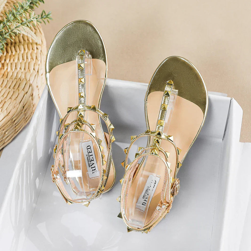 Valenzora | New Summer Outdoor Women's Flat Sandals British Style Women's Casual Roman Flat Stylish Studded Design Work and Party