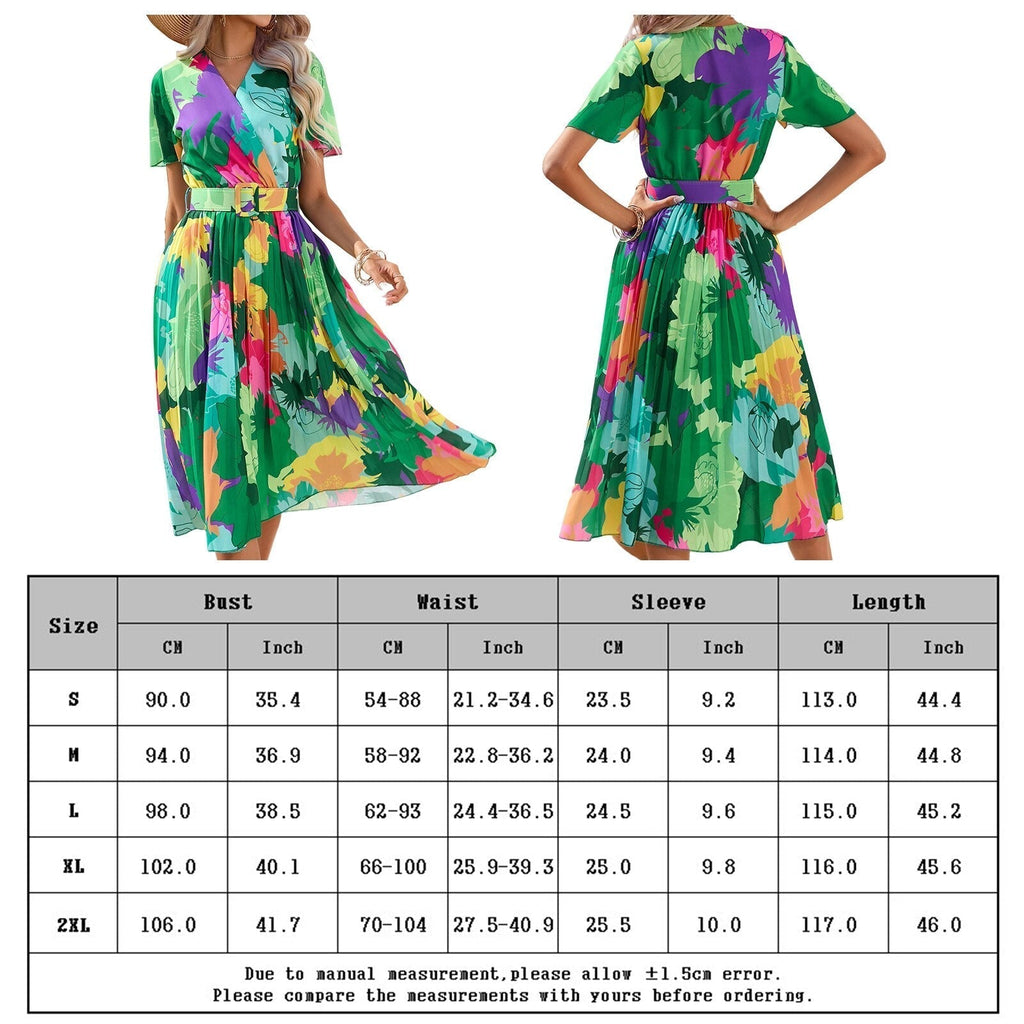 Faltenkleid mit Blumenmuster und Gürtel | Stylisches Wickeldesign und kurze Ärmel