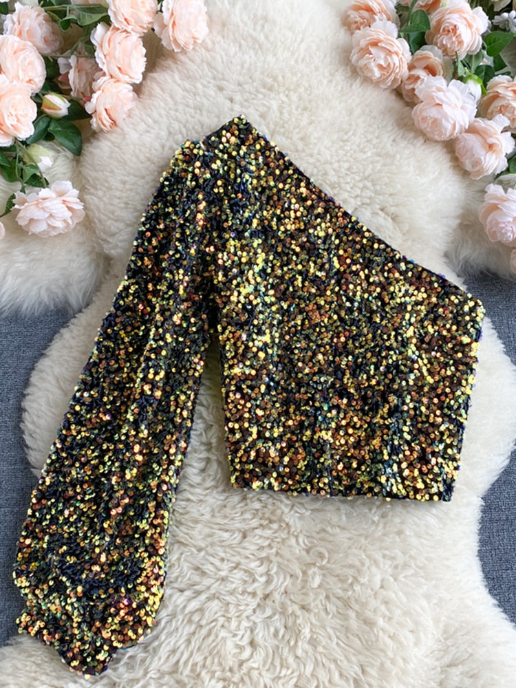 Valenzora | Glittering top with one shoulder strap