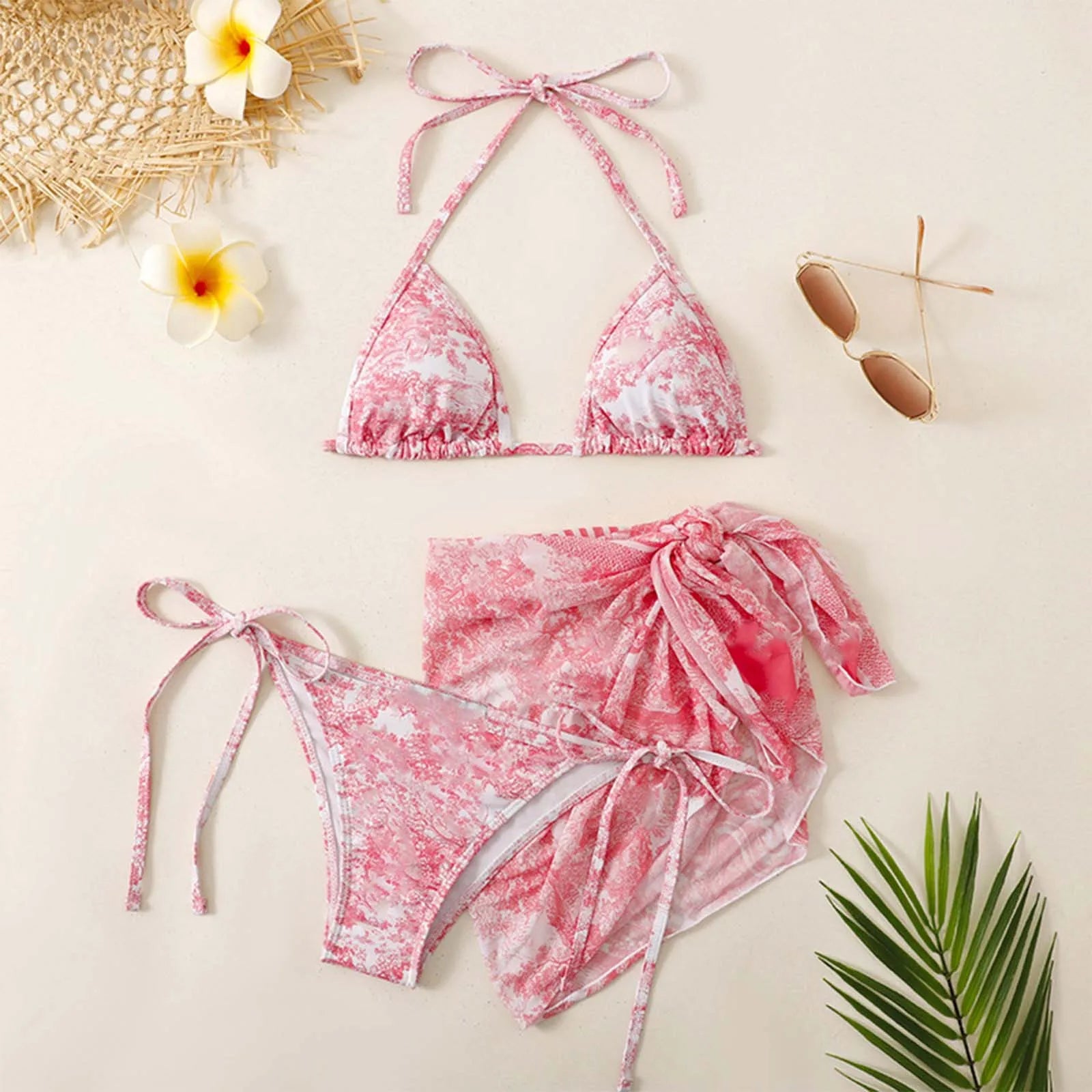Valenzora | Women's Three-Piece Swimwear Summer Push-Up High Waist Bikini Set with Cover-Up Skirt Tie Dyed Swimming Swimsuit Beachwear