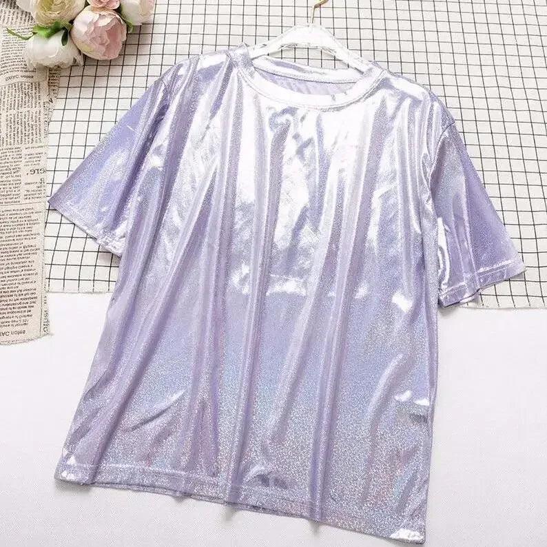 Valenzora | S 5XL Women's Sparkling Shiny Metallic Holographic Round Neck Short Sleeve Casual Loose Top Festival Party T-Shirt Women's Clothing
