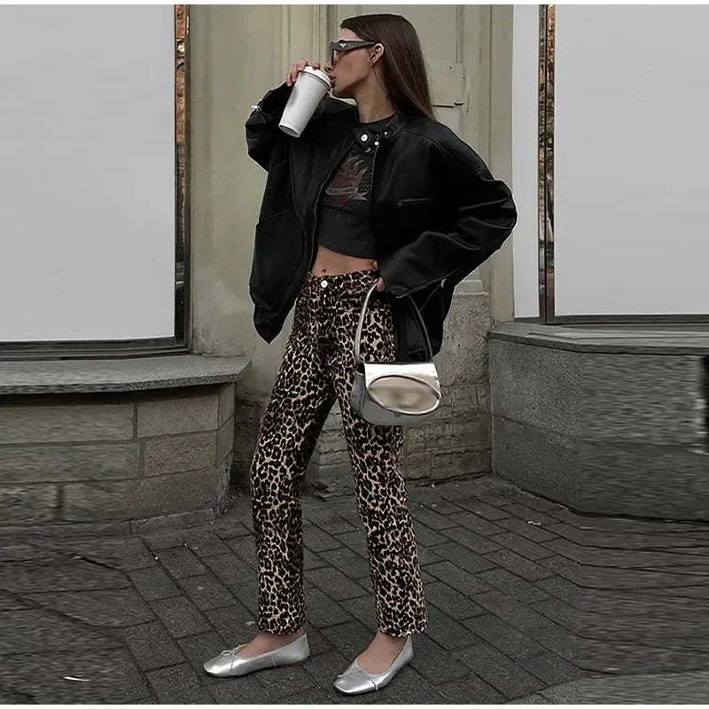 Valenzora Leopard Print Jeans | Stylish slim streetwear women's pencil-style trousers