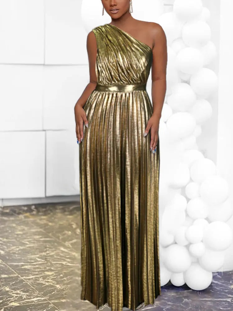 Valenzora | Elegant one-shoulder evening dress in metallic look