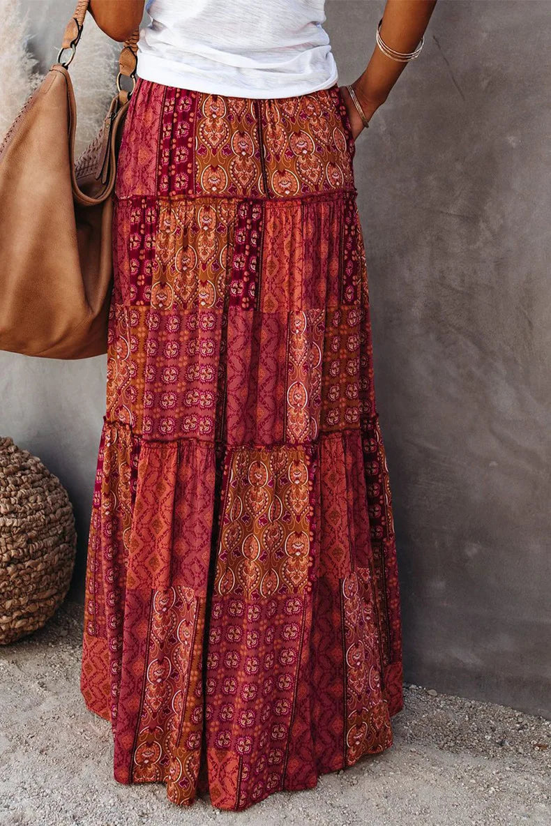 Valenzora | Langbedruckter A-Linienrock mit hoher Taille und Blumenmuster