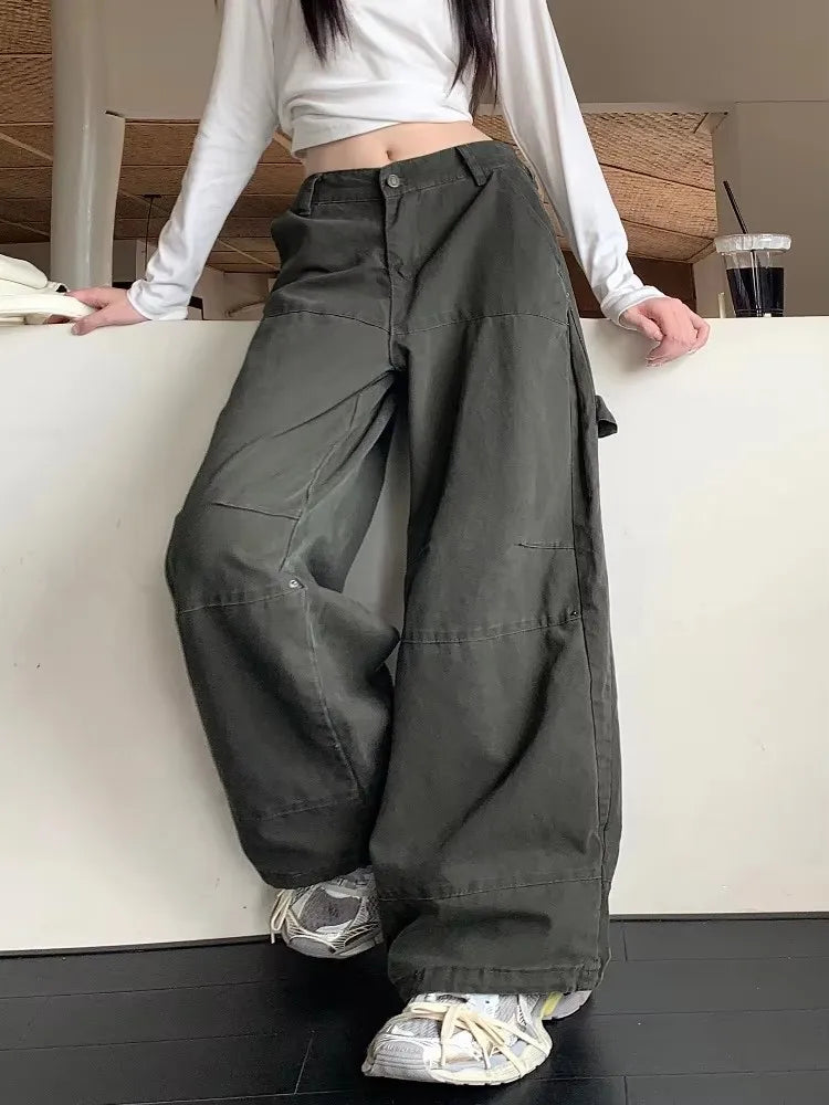 Valenzora | Y2K Streetwear Vintage Green Baggy Jeans Cargo Pants for Women Designer Clothing Wide Leg Casual Women's Trousers