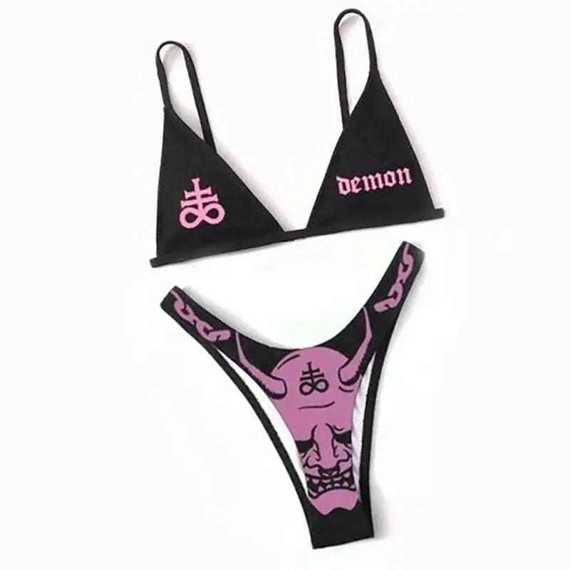 Valenzora | Sexy Gothic Bikini Damen Buchstaben Totenkopf Print Badeanzug Split Badeanzug High Waist Gothic Bikini Set Strand Outfits
