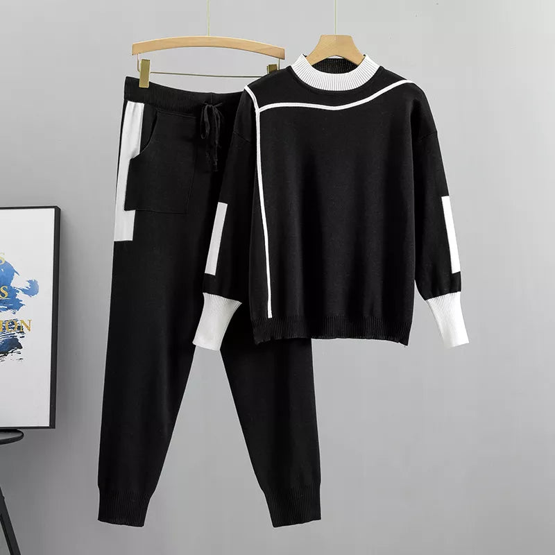 Valenzora | Lässiges Herbst-Patchwork-Strickset für Damen mit Oberteil und Hose