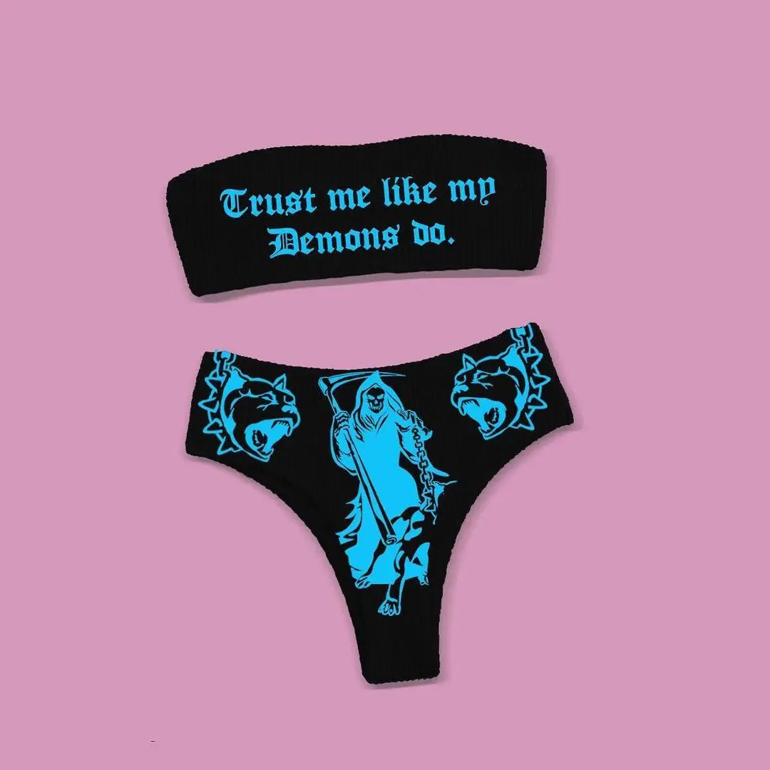 Valenzora | Sexy Gothic Bikini Damen Buchstaben Totenkopf Print Badeanzug Split Badeanzug High Waist Gothic Bikini Set Strand Outfits