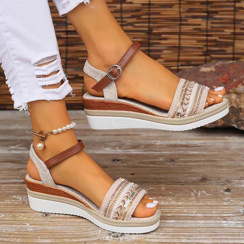 Valenzora | Braided wedge sandals for women in Bohemian style with buckle straps