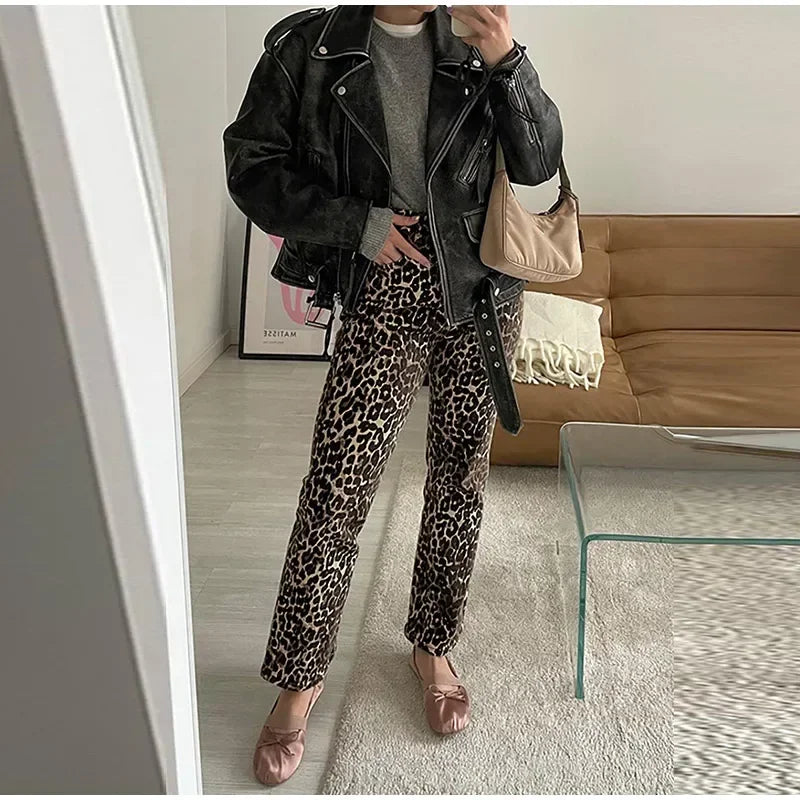 Valenzora Leopard Print Jeans | Stylish slim streetwear women's pencil-style trousers