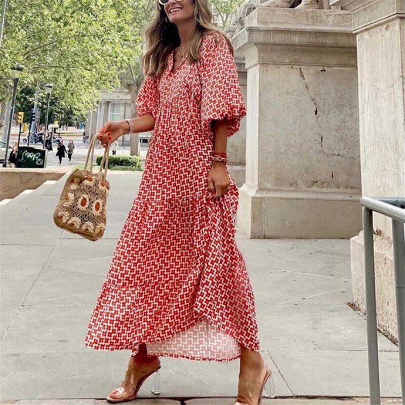Valenzora | Geometric dress with puff sleeves for women