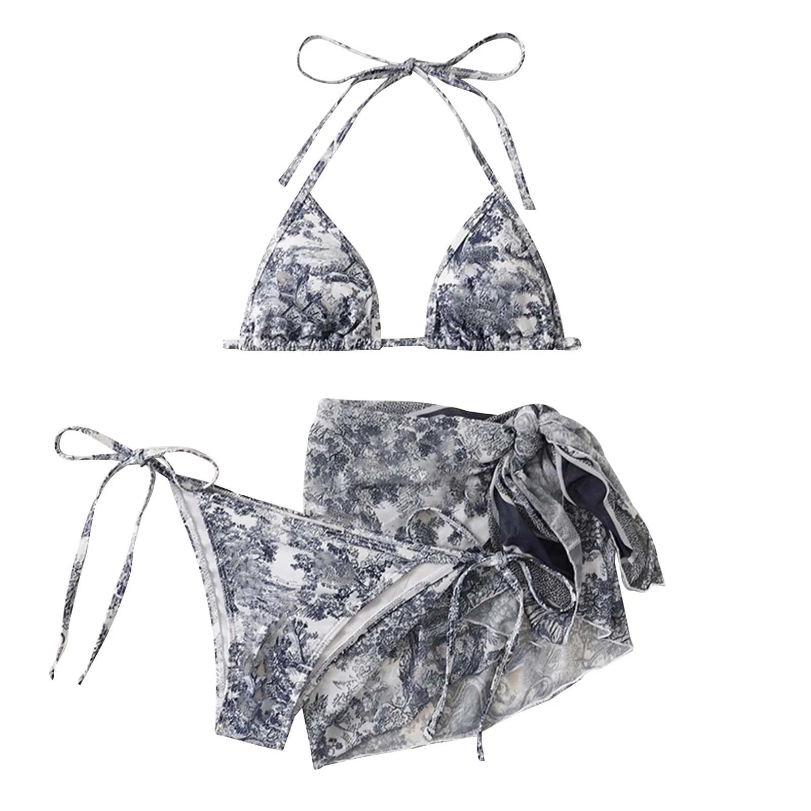 Valenzora | Women's Three-Piece Swimwear Summer Push-Up High Waist Bikini Set with Cover-Up Skirt Tie Dyed Swimming Swimsuit Beachwear