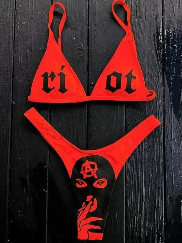 Valenzora | Sexy Gothic Bikini Damen Buchstaben Totenkopf Print Badeanzug Split Badeanzug High Waist Gothic Bikini Set Strand Outfits