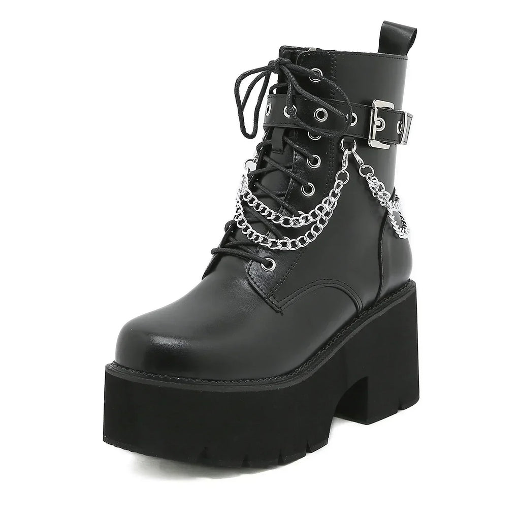 Valenzora | Women's Platform Shoes Black Gothic Buckle PU Leather Creeper Punk Shoes Female Black Ankle Boots Short Combat Boots for Women