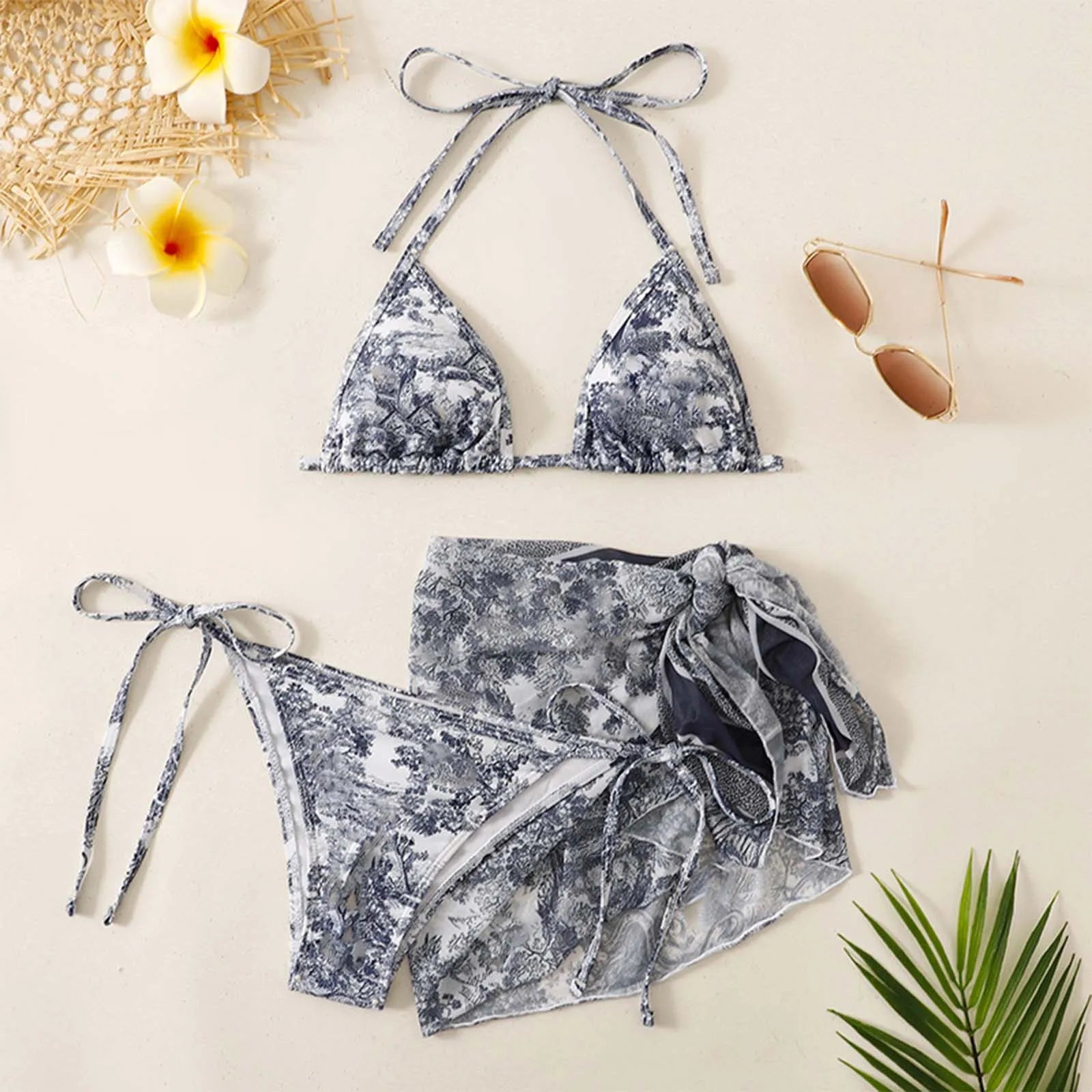 Valenzora | Women's Three-Piece Swimwear Summer Push-Up High Waist Bikini Set with Cover-Up Skirt Tie Dyed Swimming Swimsuit Beachwear
