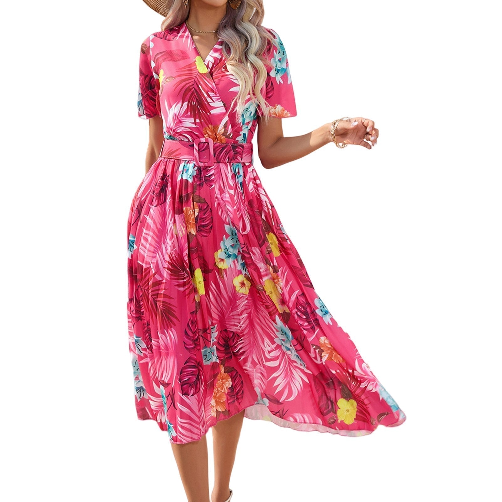 Faltenkleid mit Blumenmuster und Gürtel | Stylisches Wickeldesign und kurze Ärmel
