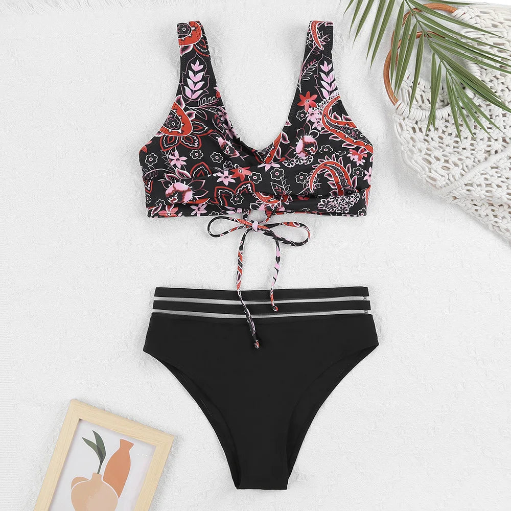 Valenzora | Lace-up High Waist Bikini Women's Swimwear Women's Swimsuit Padded Push-Up Floral Swimsuit Women's Bikini Set
