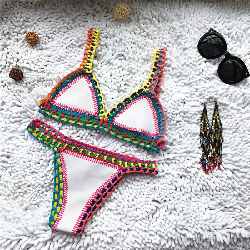 Valenzora | Knitted 2-Piece Bikini Swimsuit for Women, Summer Beach Holiday Swimwear, Sexy Triangle Cup V-Neck Strappy Swimwear
