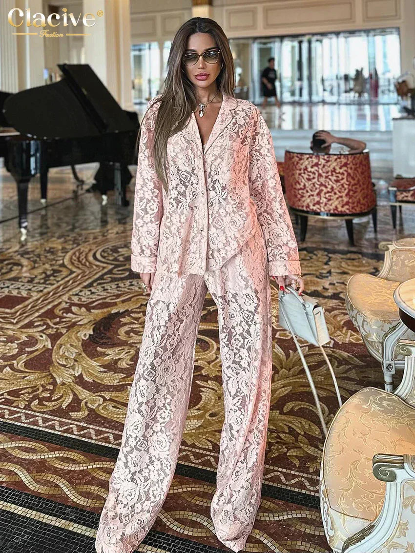 Valenzora | Clacive Sexy Loose Black Lace Transparent Pants Set Women's 2 Piece Fashion Long Sleeve Shirt with High Waist Wide Pants Set