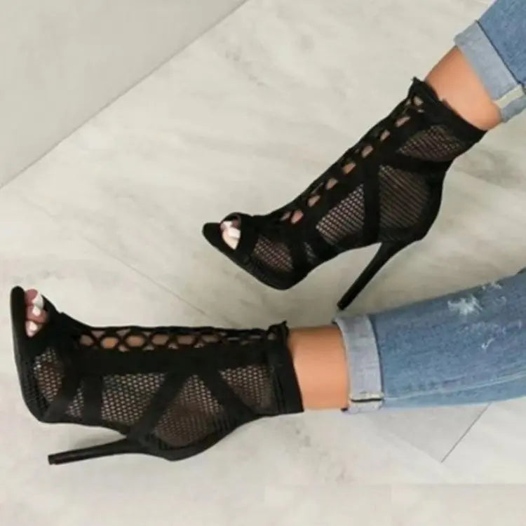 Valenzora | Sandals Cave Mesh Heels Belt Buckle Women's Summer Beige Lace-up Sexy Open Toe Stiletto Jazz Dance Party Women's Shoes