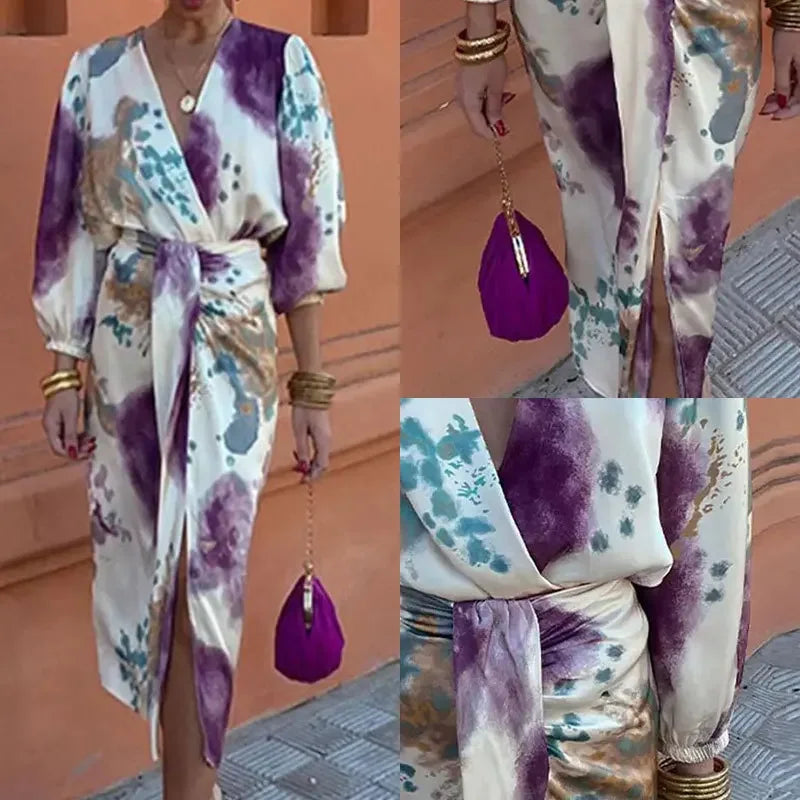 Valenzora | Batik-Wickelkleid in Midilänge mit Puffärmeln