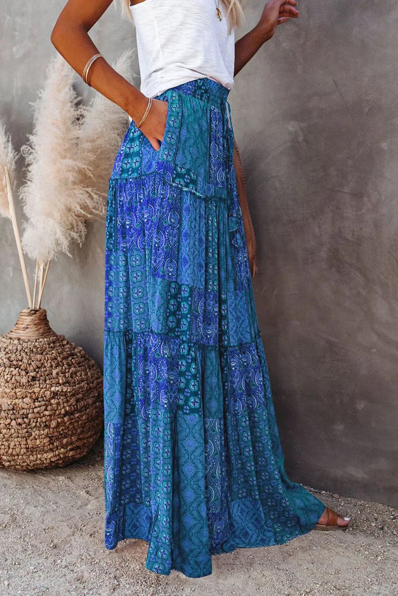 Valenzora | Langbedruckter A-Linienrock mit hoher Taille und Blumenmuster