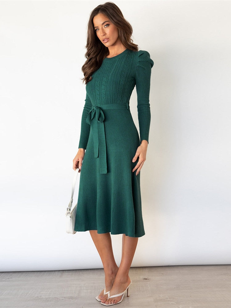 Valenzora | Elegant Knitted Midi Dress with Belt for Women