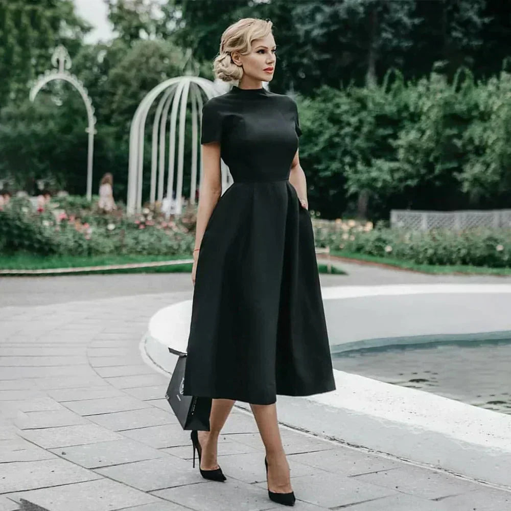 Valenzora | Women's Elegant Black Dress, Half-High Collar, High Waist, A-Line Dresses, Slim Fit Dress, Office Dress, Female Solid Vestidos