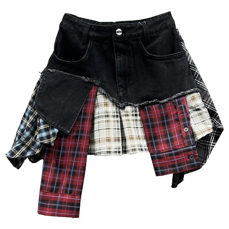 Valenzora | Vintage Irregular Patchwork Checkered Denim Short Skirts for Women High Waist Wrapped Hip Mini Skirt Summer Female
