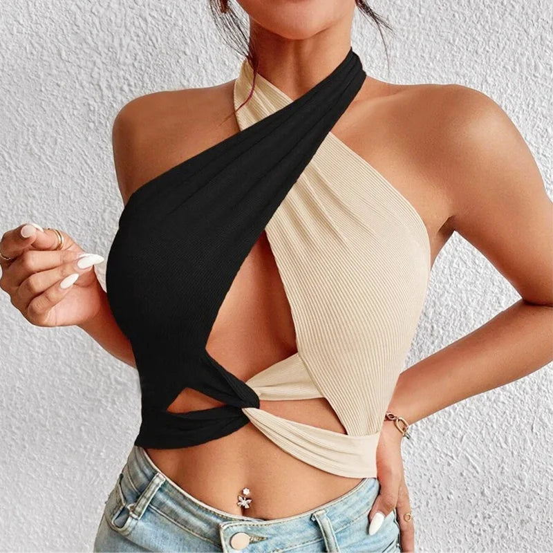 Valenzora | Women's Summer Tank Tops Sexy Patchwork Cross Halterneck Strap Hole Crop Tops High Street Wear New Fashion