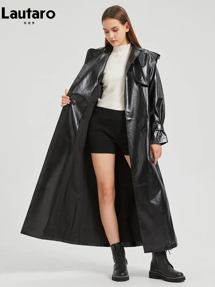Valenzora | Lautaro Autumn Extra Long Gold Shiny Patent PU Leather Trench Coat for Women Simple Buckle Luxury Designer Overcoat