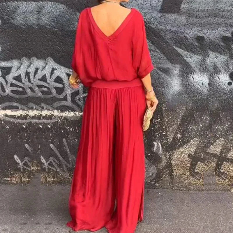 Valenzora | Elegant two-piece set consisting of a chiffon top and wide-leg trousers