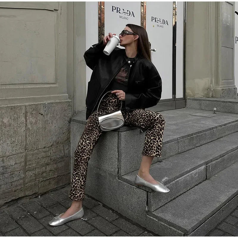 Valenzora Leopard Print Jeans | Stylish slim streetwear women's pencil-style trousers