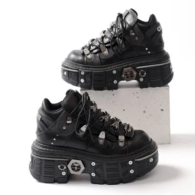 Valenzora | Fashion Women's Ankle Boots, Thin Heels, Round Toe, Lace-Ups, Metal Decoration, Sneakers, Studded, Punk, Gothic, Rock Shoes