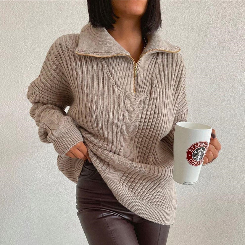 Valenzora V-Sweater | Bequemer Zopfstrickpullover mit V-Ausschnitt, Rollkragen und Reißverschluss