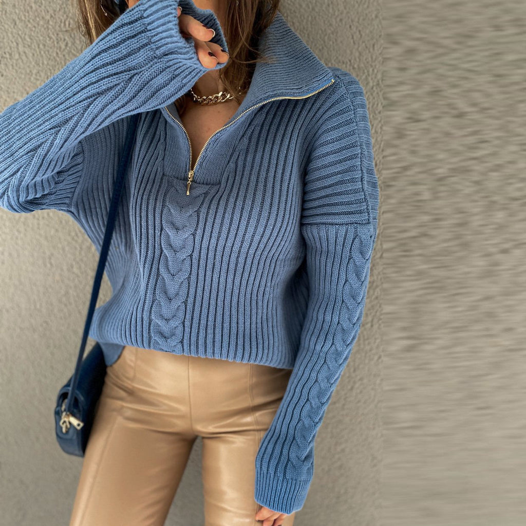 Valenzora V-Sweater | Bequemer Zopfstrickpullover mit V-Ausschnitt, Rollkragen und Reißverschluss