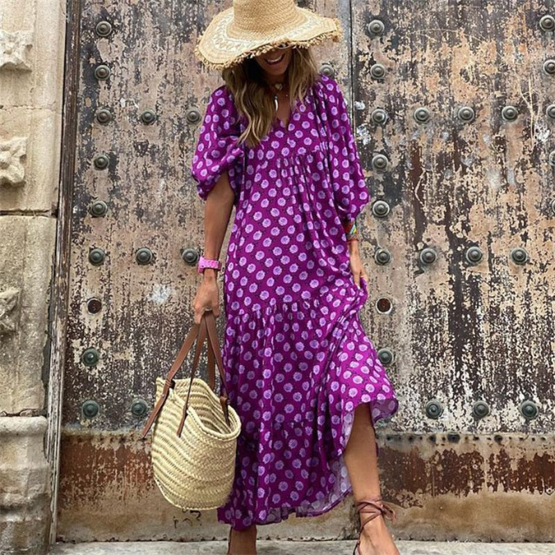 Valenzora | Geometric dress with puff sleeves for women