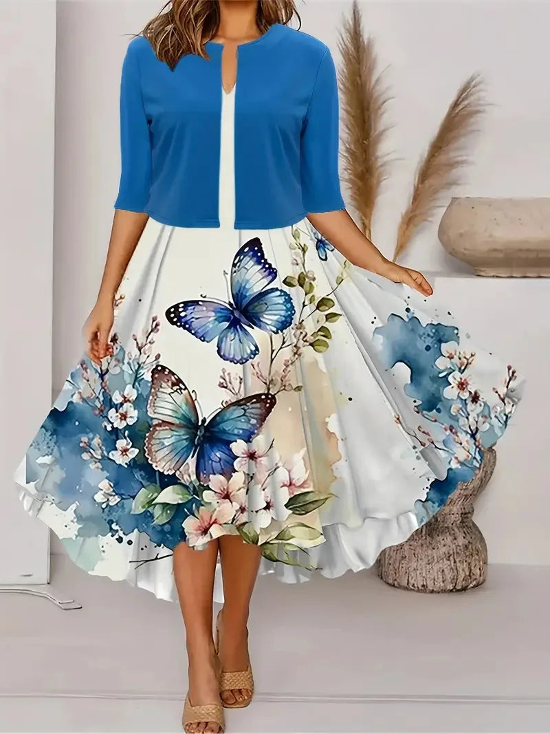 Valenzora | New for summer! EU US Autumn Women's 2 Long Dress Set Floral and Grass Dot Crew Neck Dress with Chiffon Short Jacket