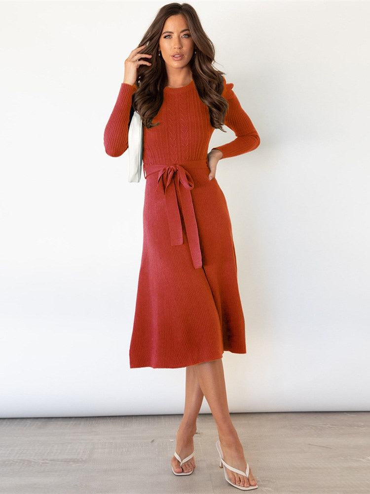 Valenzora | Elegant Knitted Midi Dress with Belt for Women