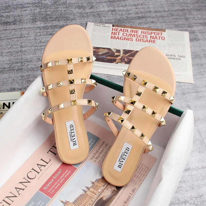 Valenzora | Summer Women's Sandals, Casual Slippers, Flat Shoes, Simple Style, Fashionable Studded Design, Walking and Shopping, Plus Sizes