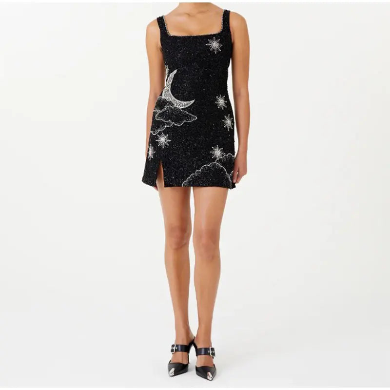 Valenzora - Celestial Sparkle Mini Dress Party Dress with Moon and Star Embellishment