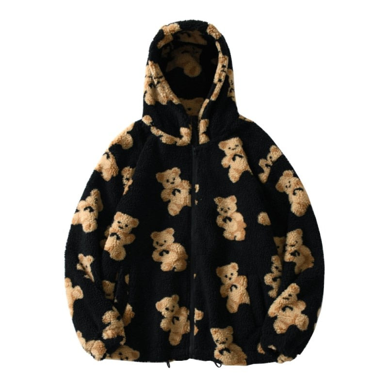 Valenzora Harajuku Bär Teddy-Print Plüschjacke Flauschige Kapuzen-Oberbekleidung