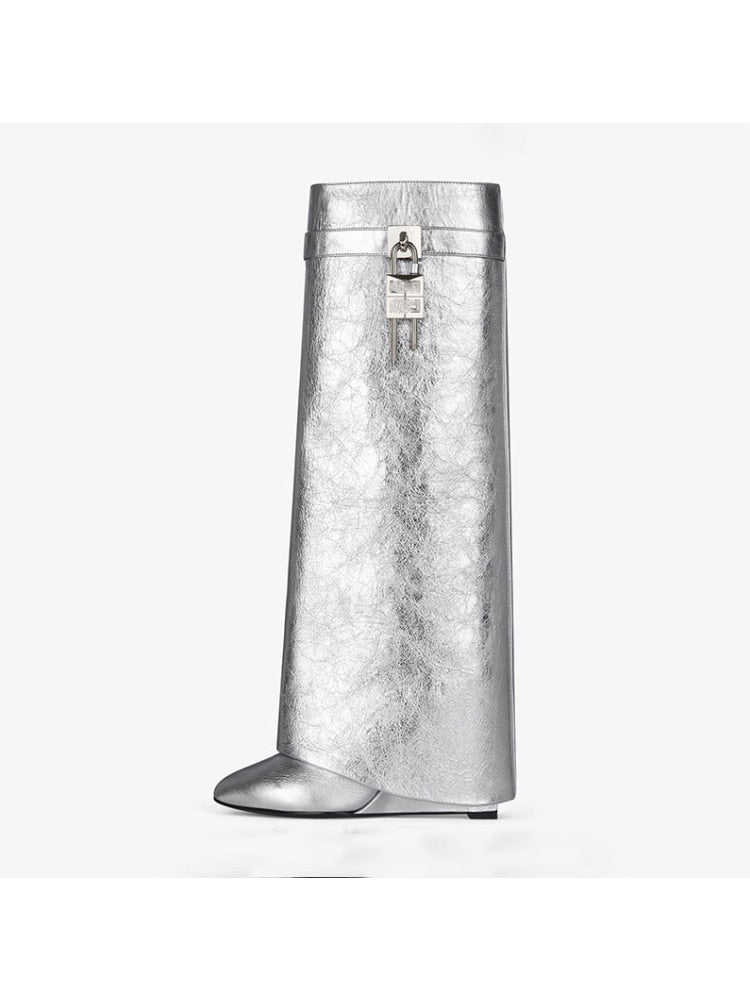Valenzora | Women's Knee-High Boots Shark Lock Long Thick Soles High Heels Boots Designer Luxury Brand Women's Leather Boots